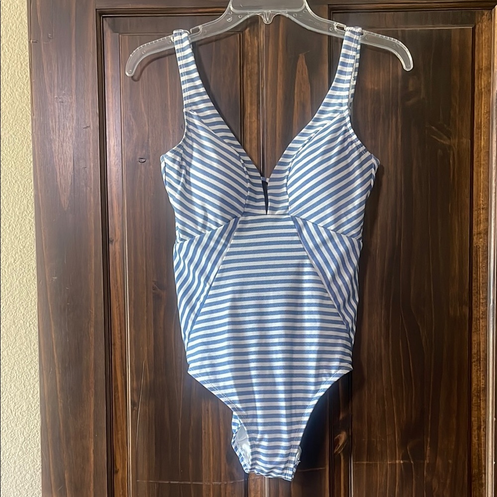 Time and Tru Blue and White Striped one-piece Swimsuit Size M